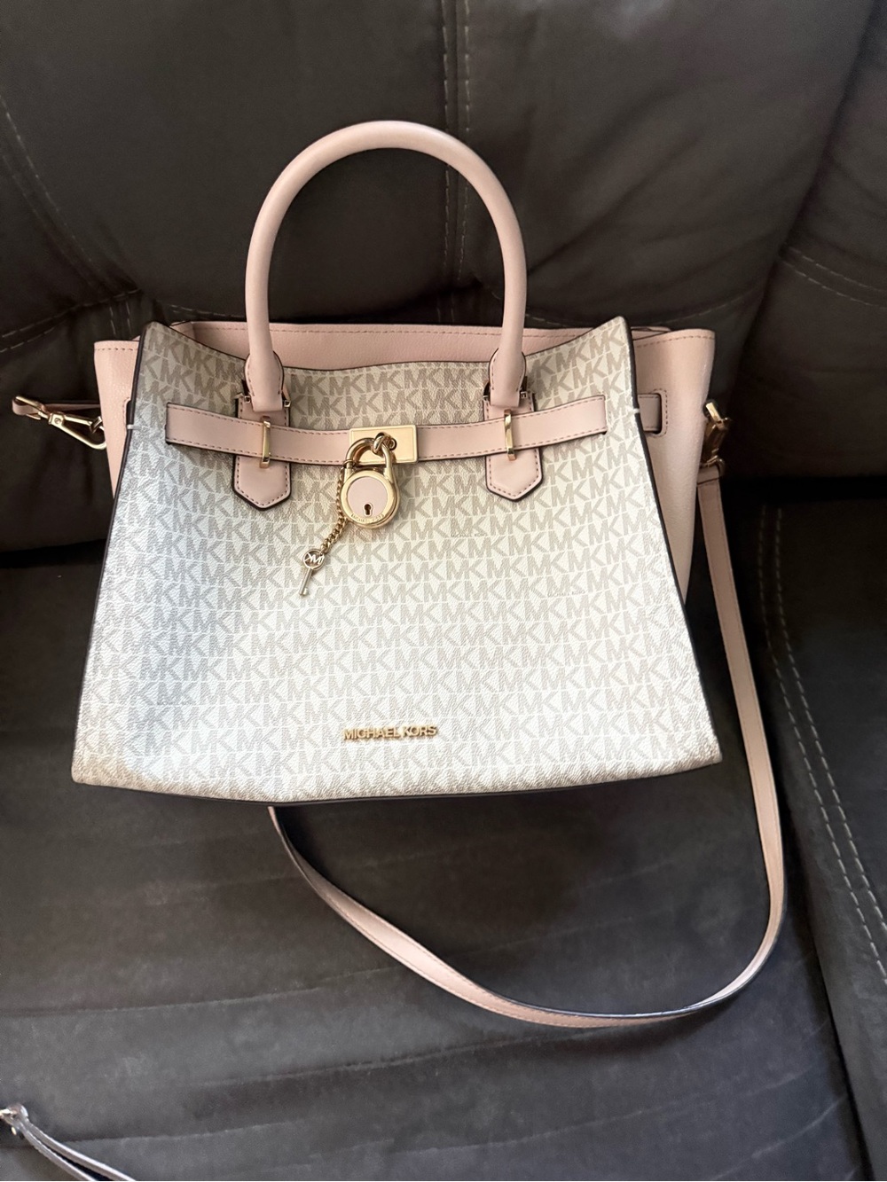 Michael Kors Light Pink & White MK Logo Satchel with Gold Hardware